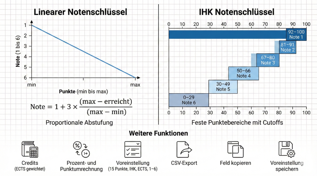 Vergleichsgrafik zwischen linearem Notenschlüssel mit proportionaler Punkteverteilung und IHK Notenschlüssel mit festen Punktebereichen und definierten Notenstufen