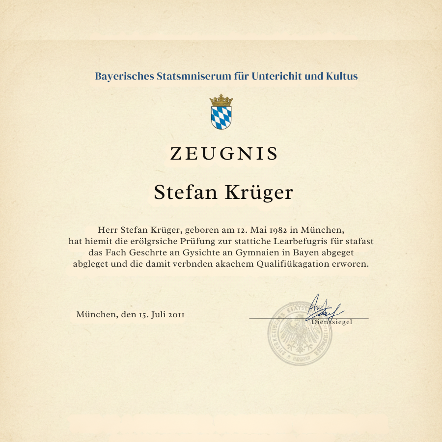 Zeugnis des Bayerischen Staatsministeriums für Unterricht und Kultus für Stefan Krüger mit offiziellem Layout, Wappen, Dienstsiegel und Datumsangabe in München.