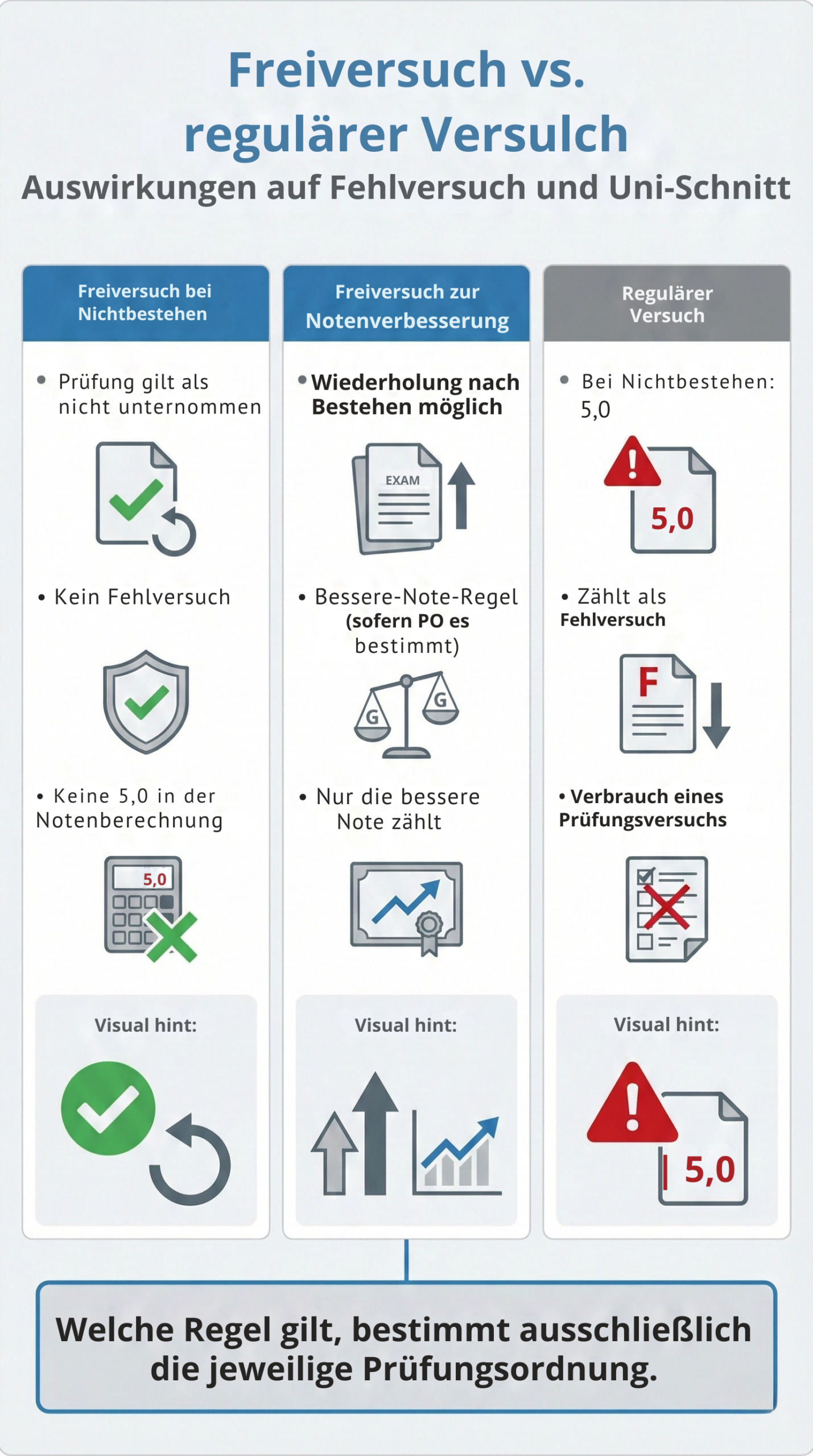 Infografik zum Unterschied zwischen Freiversuch und regulärem Versuch im Studium mit Erklärung zu 5,0, Fehlversuch und Einfluss auf den Uni-Schnitt