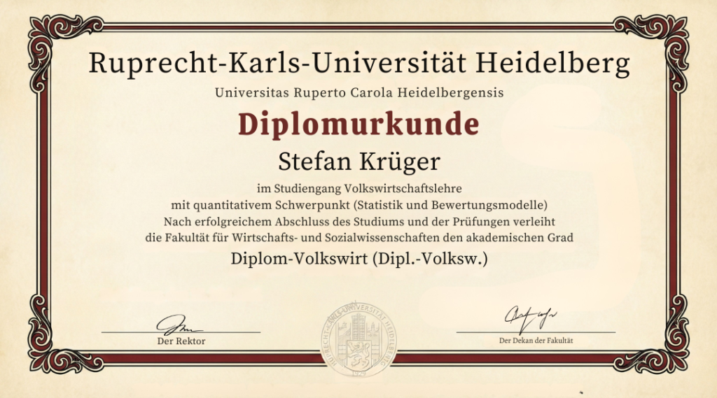 Diplomurkunde der Ruprecht-Karls-Universität Heidelberg für Stefan Krüger im Fach Wirtschaftswissenschaften mit quantitativem Schwerpunkt, formales deutsches akademisches Layout mit dekorativem Rahmen und offizieller Gestaltung.