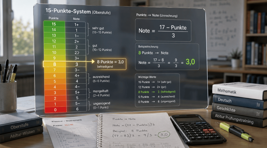 Infografik zur Umrechnung des 15-Punkte-Systems in Schulnoten mit vertikaler Punkteskala, Farbverlauf und Formel Note gleich 17 minus Punkte geteilt durch 3.