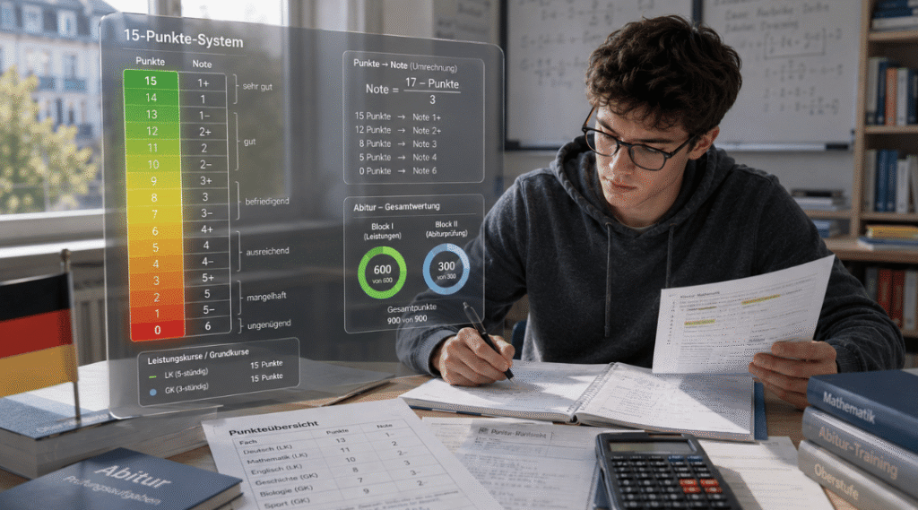 Illustration des 15-Punkte-Systems der Oberstufe mit Punkteskala von 0 bis 15, Notenumrechnung und Abiturberechnung in Deutschland.