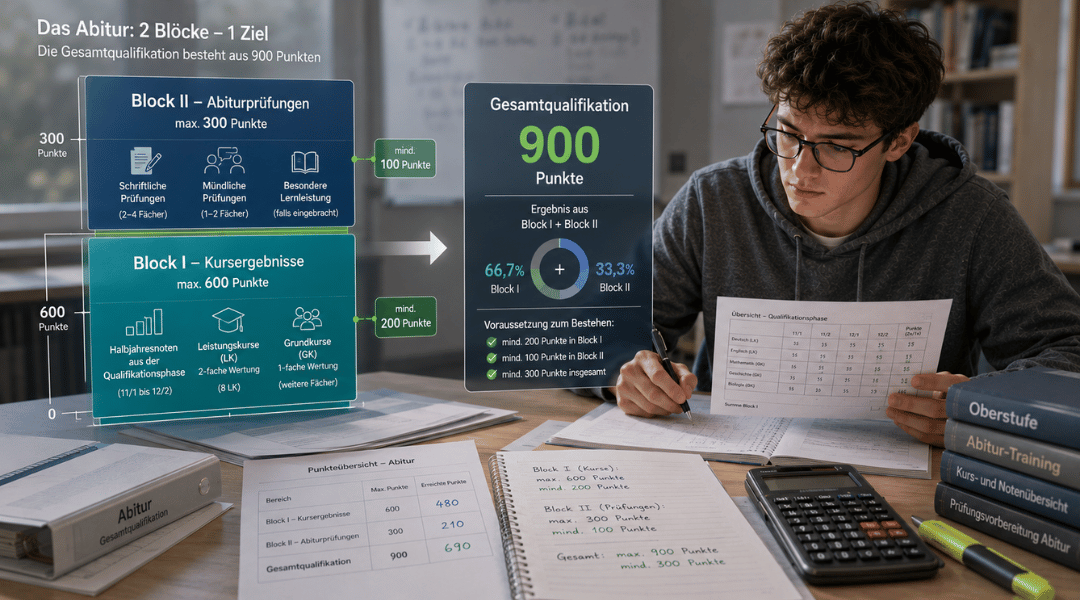 Infografik zur Abitur-Gesamtqualifikation mit Block I für Kursergebnisse und Block II für Abiturprüfungen inklusive maximaler Punktzahlen und Mindestgrenzen.