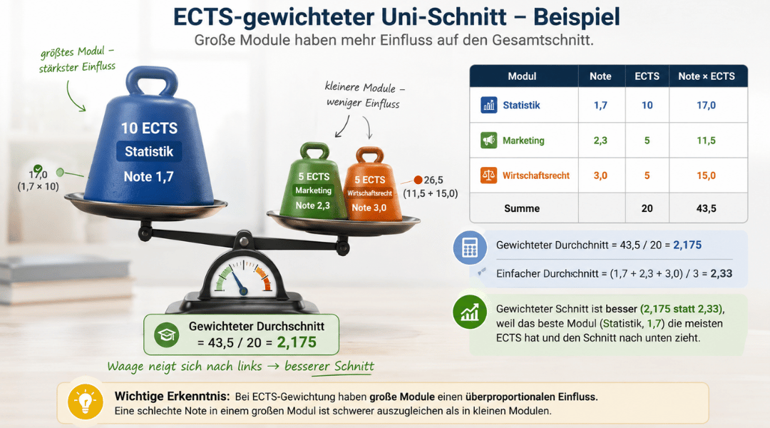 Infografik zum ECTS-gewichteten Uni-Notendurchschnitt mit Waage, 10-ECTS-Statistikmodul und zwei kleineren 5-ECTS-Modulen zur Veranschaulichung der Gewichtung im Hochschulschnitt.