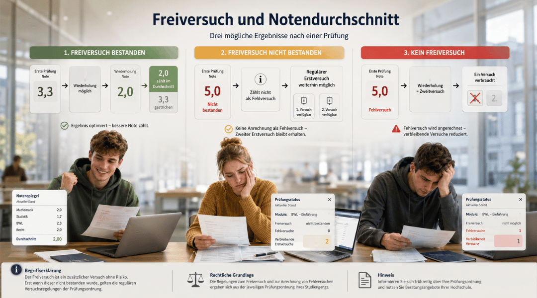 Infografik zum Freiversuch an deutschen Universitäten mit Notenverbesserung, Fehlversuch und Zweitversuch.