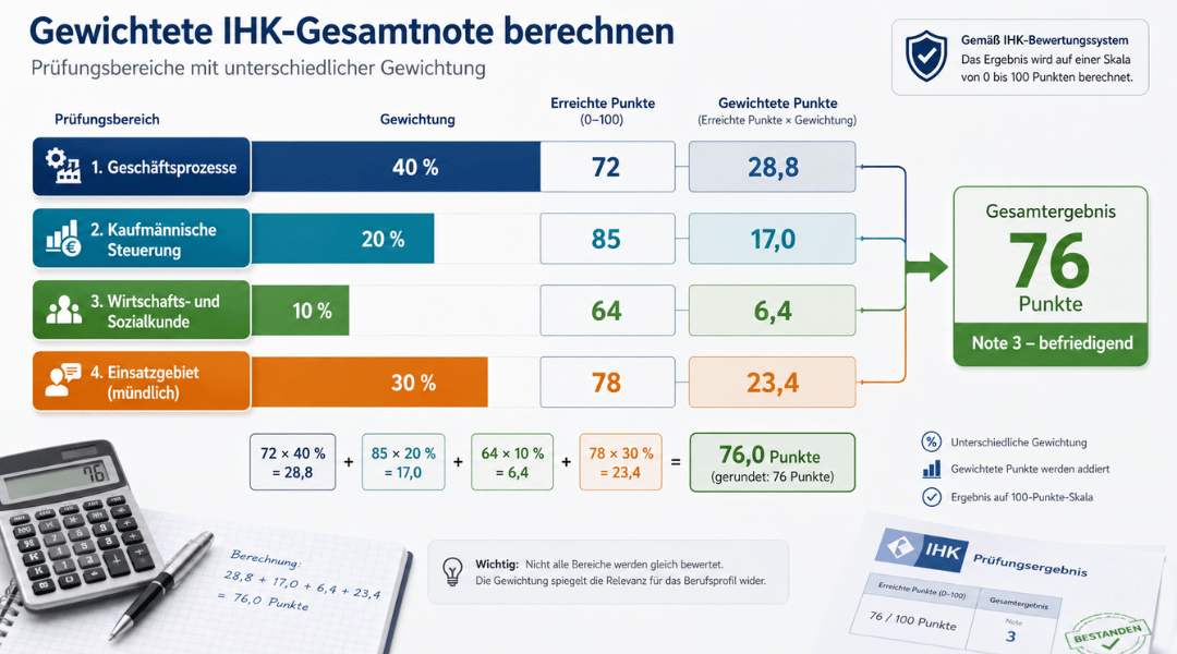 Infografik zur Berechnung der gewichteten IHK-Gesamtnote mit Prüfungsbereichen, Gewichtungen und Gesamtergebnis von 76 Punkten