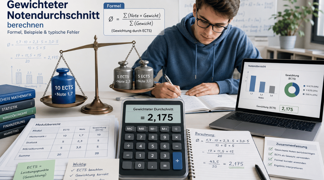 Featured Image zum gewichteten Notendurchschnitt mit ECTS-Waage, Uni-Notenberechnung, Formel und Studentin bei der Analyse gewichteter Modulnoten.