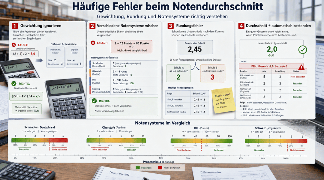 Infografik zu häufigen Fehlern beim Notendurchschnitt in Deutschland und der Schweiz mit Gewichtung, Rundungsfehlern und Vergleich verschiedener Notensysteme.