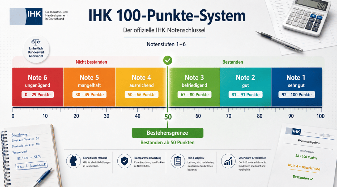 Infografik des IHK Notenschlüssels mit horizontaler 100-Punkte-Skala, Notenstufen 1 bis 6 und markierter Bestehensgrenze bei 50 Punkten