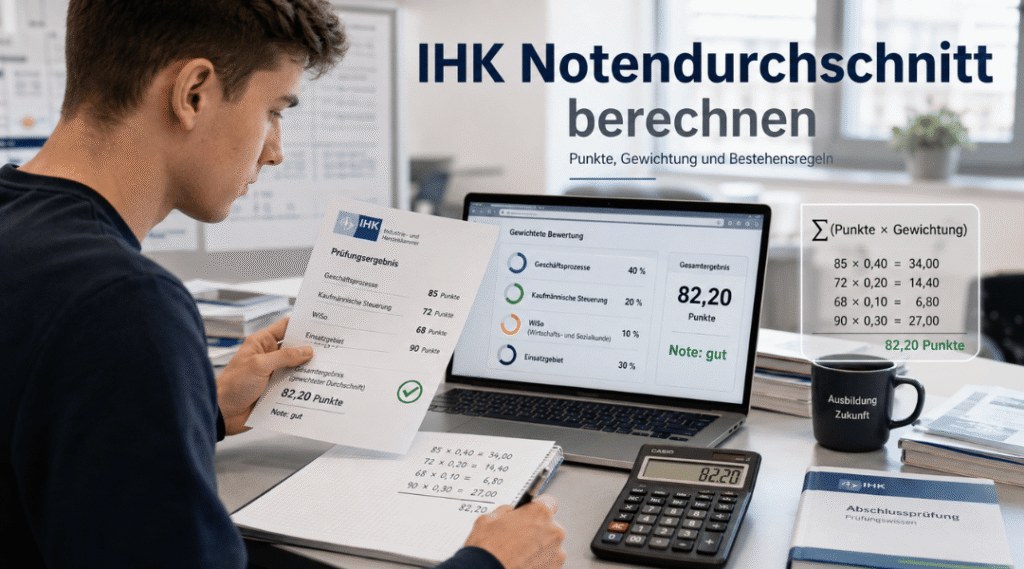 Azubi berechnet den Notendurchschnitt einer IHK-Prüfung mit gewichteten Prüfungsbereichen, Punkten und digitalem Bewertungssystem.