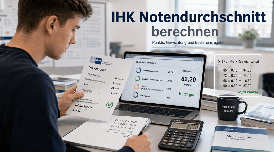 Azubi berechnet den Notendurchschnitt einer IHK-Prüfung mit gewichteten Prüfungsbereichen, Punkten und digitalem Bewertungssystem.