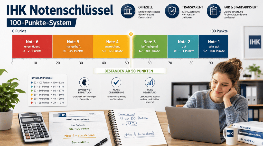 Infografik zum IHK Notenschlüssel mit 100-Punkte-Skala, Noten 1 bis 6 und markierter Bestehensgrenze ab 50 Punkten