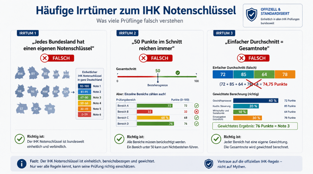 FAQ-Infografik zu häufigen Irrtümern beim IHK Notenschlüssel mit falschen Annahmen zur Bestehensgrenze und Gesamtnote