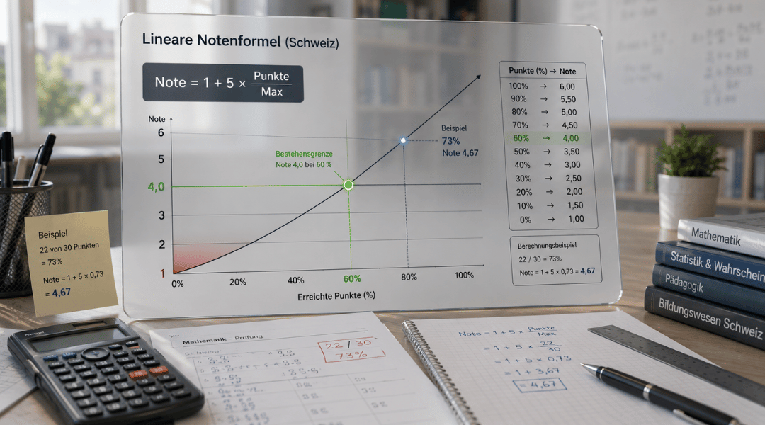 Infografik zur linearen Schweizer Notenformel mit Diagramm von 0 bis 100 Prozent, Notenskala 1 bis 6 und markierter Bestehensgrenze bei 60 Prozent und Note 4,0.