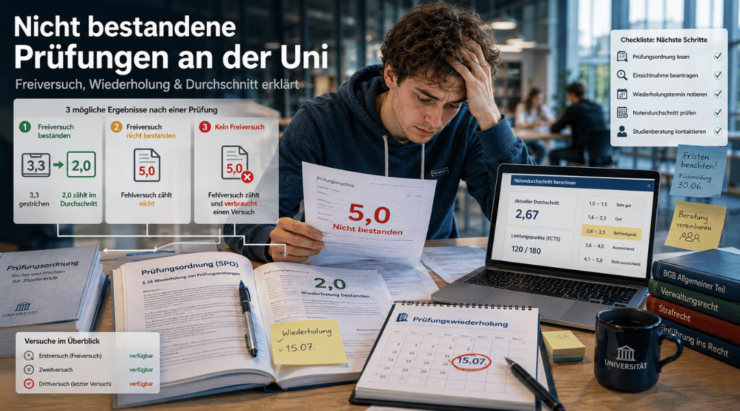 Student an einer deutschen Universität prüft eine nicht bestandene Prüfung mit Freiversuch-, Wiederholungs- und Notendurchschnitt-Regelungen.