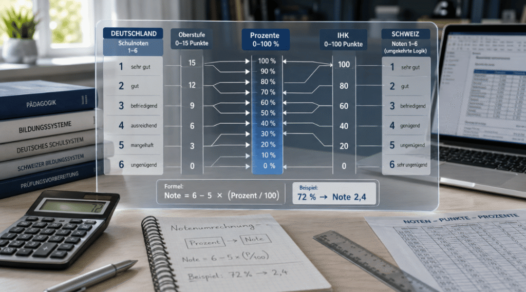 Infografik zur Umrechnung von Noten in Prozent mit deutschem Notensystem, Schweizer Notenskala, Oberstufenpunkten und IHK-Bewertung auf modernem Schreibtisch