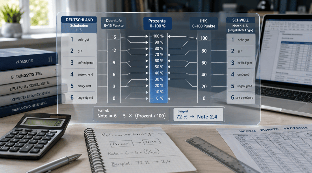 Infografik zur Umrechnung von Noten in Prozent mit deutschem Notensystem, Schweizer Notenskala, Oberstufenpunkten und IHK-Bewertung auf modernem Schreibtisch