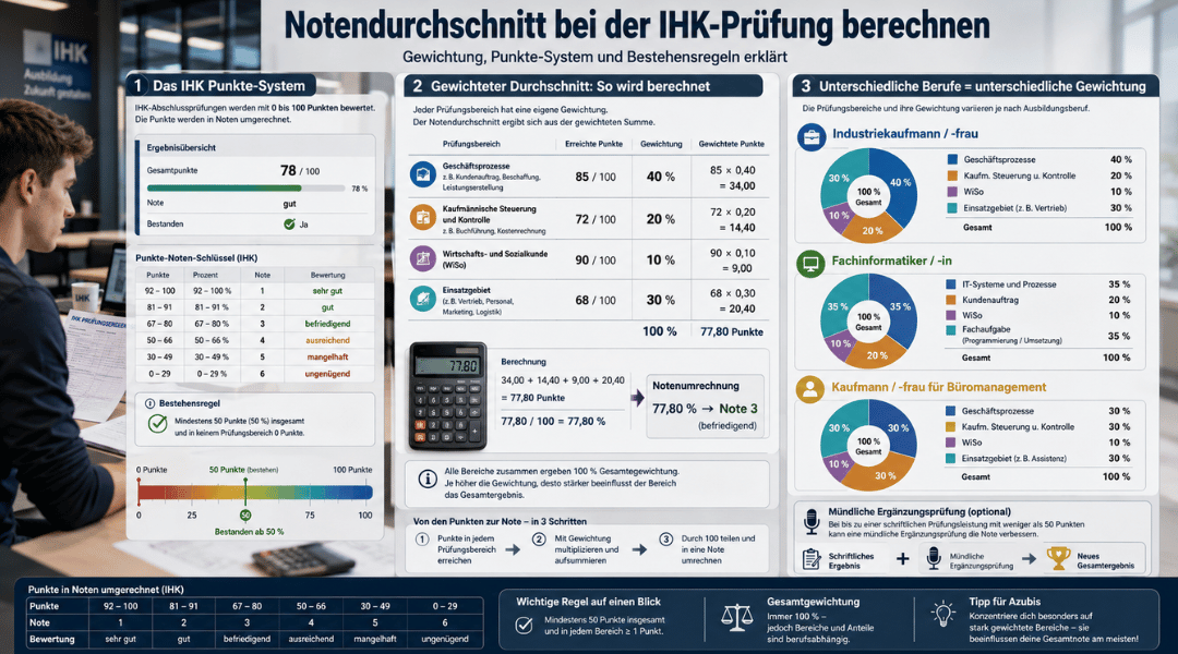 Infografik zur Berechnung des Notendurchschnitts bei der IHK-Prüfung mit Punkte-System, gewichteten Prüfungsbereichen und berufsspezifischen Gewichtungen.