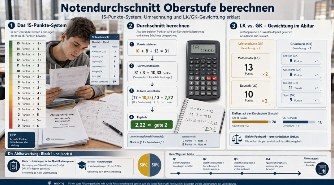 Infografik zum Berechnen des Notendurchschnitts in der Oberstufe mit 15-Punkte-System, Umrechnungsformel sowie LK- und GK-Gewichtung im Abitur.