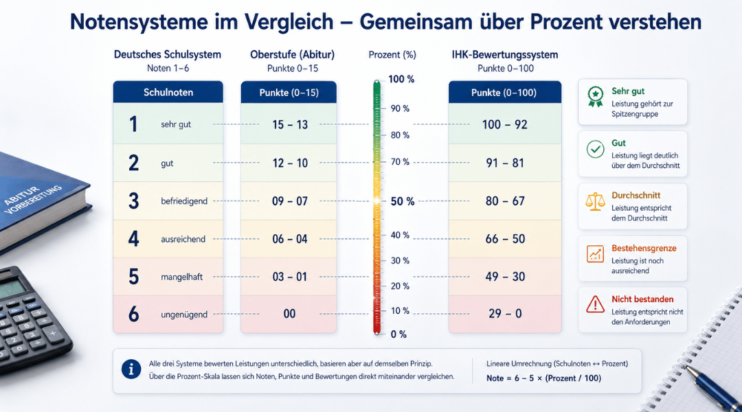 Infografik zum Vergleich von deutschem Notensystem, Oberstufe-Punktesystem und IHK-Bewertung mit gemeinsamer Prozent-Skala von 0 bis 100 Prozent