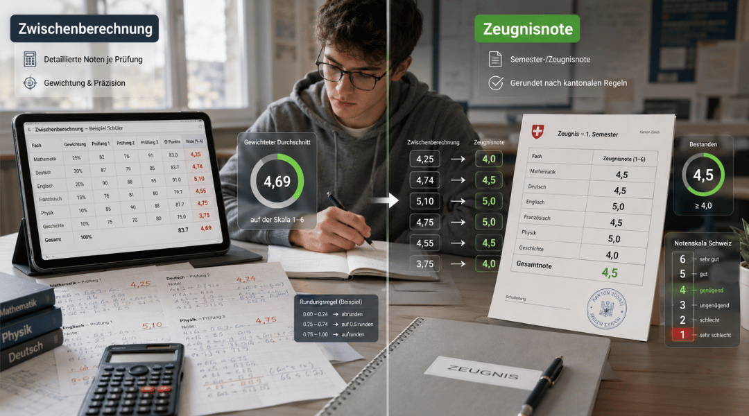 Vergleich zwischen Zwischenberechnungen mit Dezimalnoten und gerundeten Zeugnisnoten im Schweizer Notensystem.